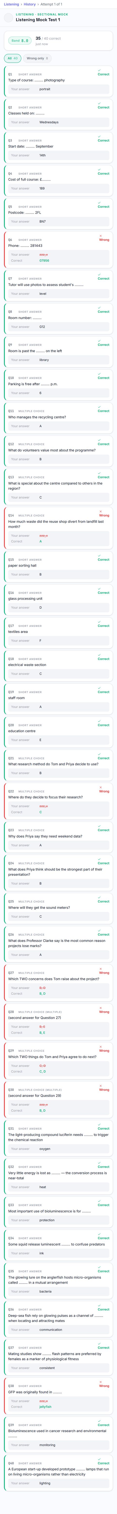 Listening feedback, 35 of 40 correct